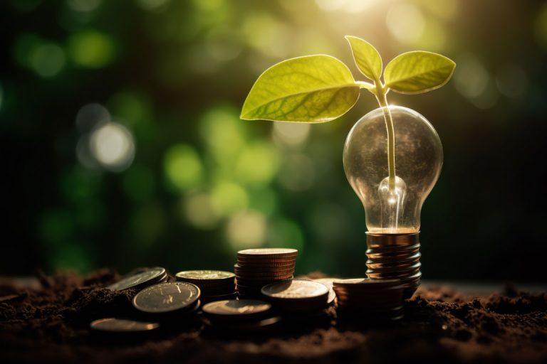 lightbulb with a plant and money representing saving money with solar, renewable energy